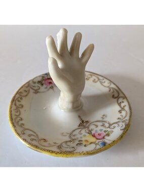 Vintage Nippon Ring Holder Trinket Dish Porcelain Hand Painted Floral Gold Rim